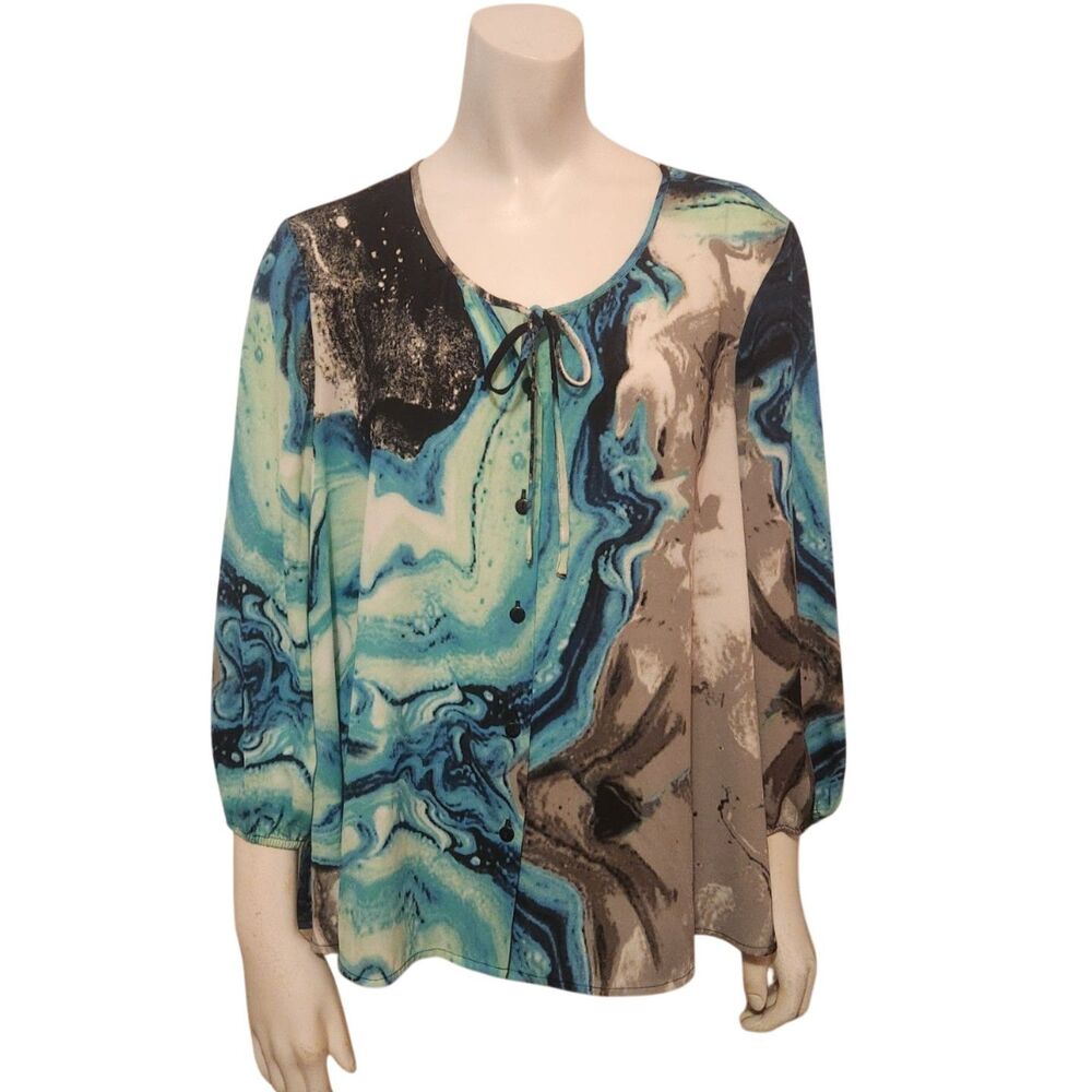 Style & Company Long Sleeve Blue Black Swirl Pattern Blouse Womens Size Small